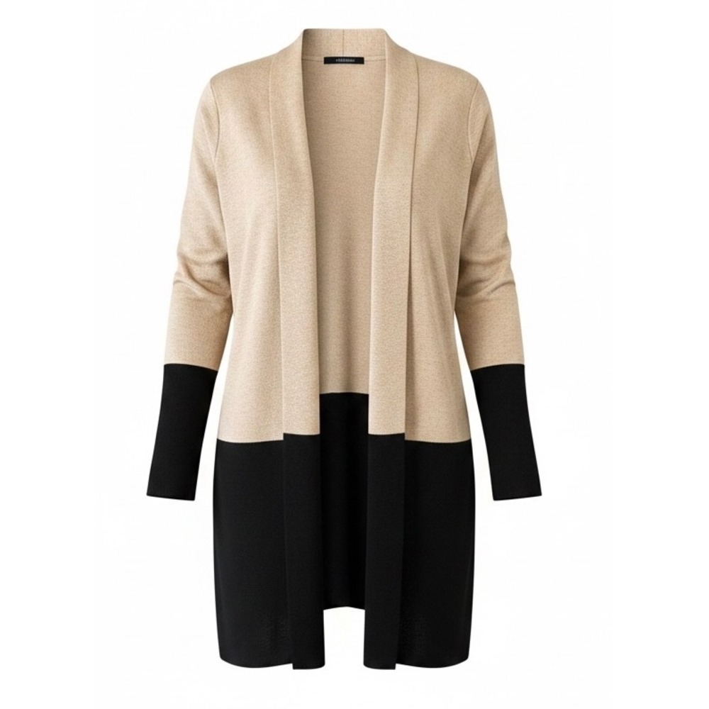 Cyrus Womens 1X Chic Tan Black Colorblock Open Front Longline Cardigan Sweater